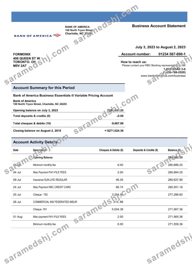 Bank of America business account statement Word and PDF template
